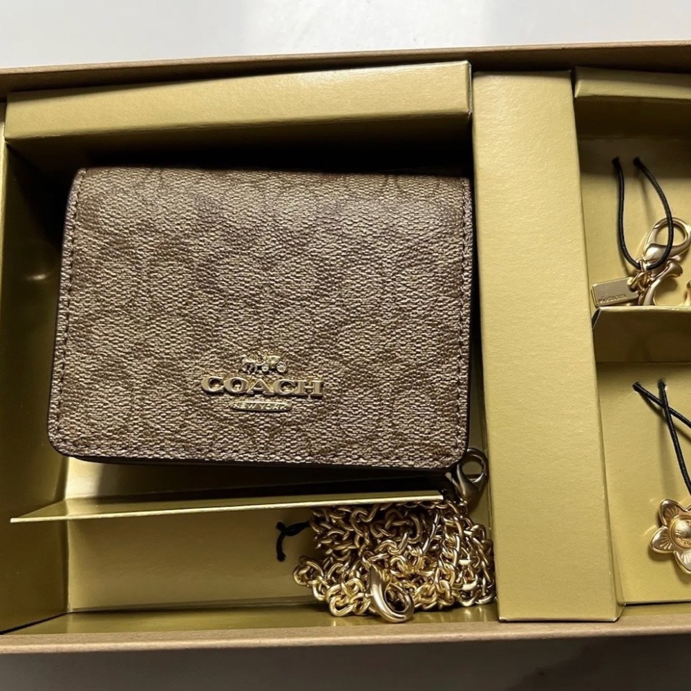 COACH Mini Wallet On A Chain In Signature Leather Gold/Brown
